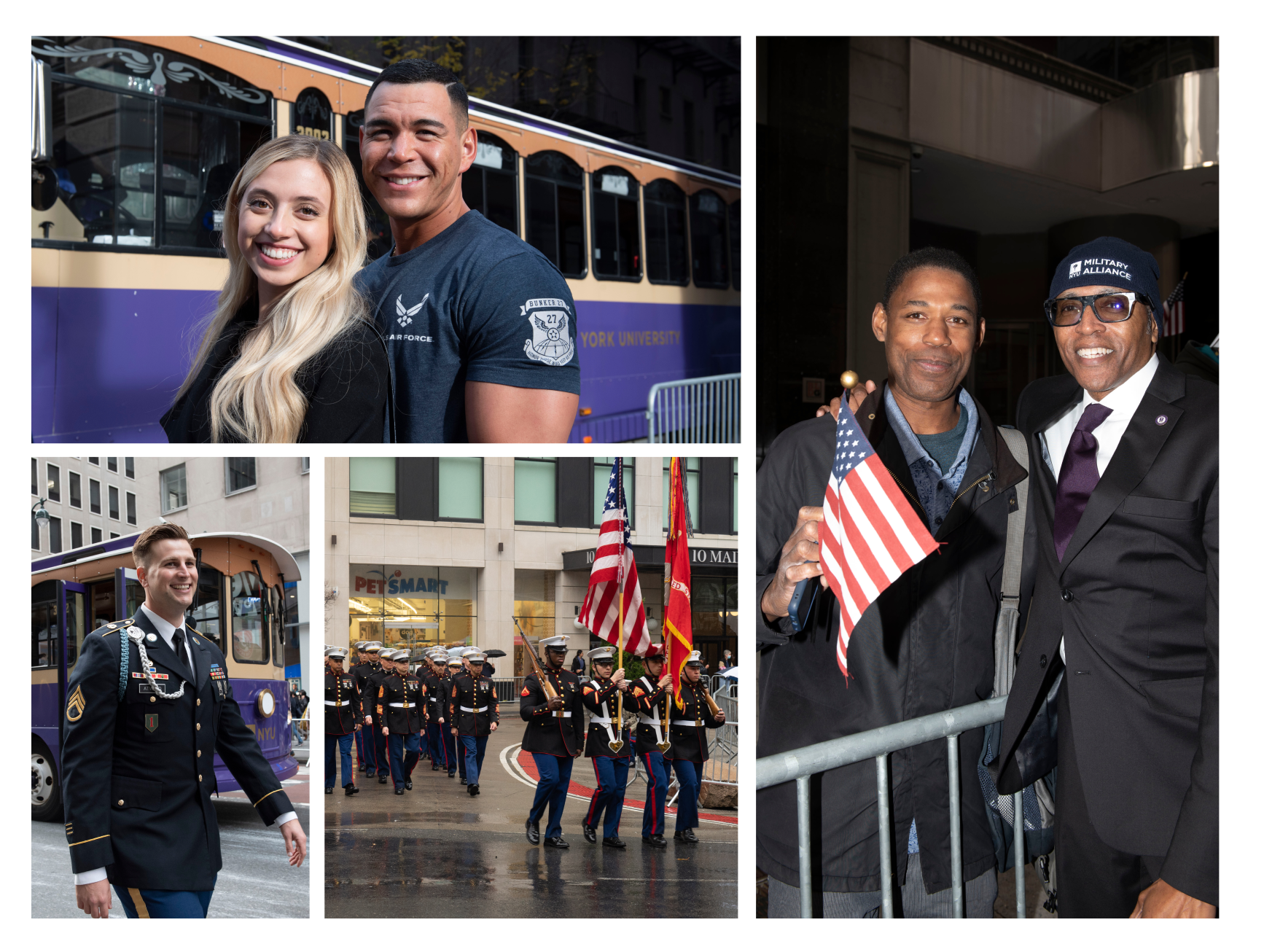 A collage of NYU-affiliated veterans and active duty service members at veterans gatherings such as parades